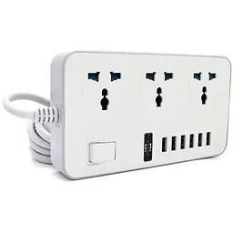 Мережевий фільтр ТВ-Т09, 3 розетки + 6 USB, 2 м, перетин 3х0,75мм, 3000W, White-grey, Box