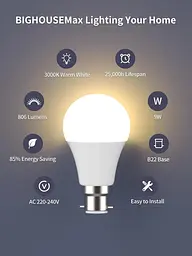 Світлодіодна лампа LEDYA B22 Bayonet 60 Вт, 9W 3000K Warm White BC GLS Frosted Light Bulbs, 806 Lumens, Non Dimmable, A60 - мініатюра 5