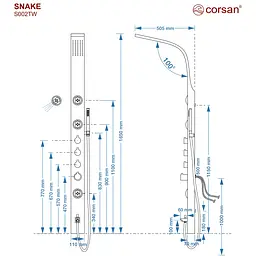 Душова панель Corsan Snake black з виливом та термостатом S002TBLW, Чорний матовий - мініатюра 3
