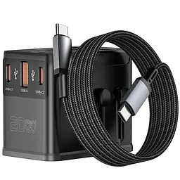 Мережевий універсальний перехідник UA013 20W GaN + 1USB-A/2C with retractable cable Type-C Black Wiwu teh0030551