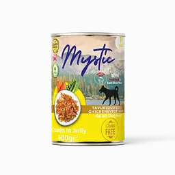 Повнораціонний вологий корм Mystic для дорослих собак шматочки з куркою та овочі - морква та горошок 400гр
