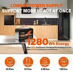 Акумулятор Li Time LiFePO4 12V (12.8V/100Ah/1280Wh) (L12V100-BASIC-4-A100) - мініатюра 3