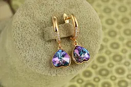 Сережки підвіски Xuping Jewelry Сваровські перевернуті сердечки фіолетові хамелеон 3 см золотисті