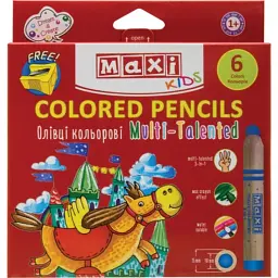 Олівці кольорові Maxi Multi-Talented 3 в 1, 6 кольорів з чинкою, круглі (MX15171)