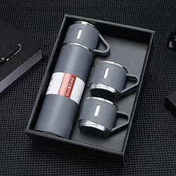 Подарунковий набір Vacuum Flask SET вакуумний термос із неіржавкої сталі 3 чашки Сірий - мініатюра 2