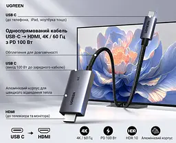 Відеокабель UGREEN CM675 USB-C - HDMI 4K 60 Гц PD 100 Вт 2 м сіро-чорний (55330) - мініатюра 2