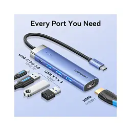 Концентратор Vention USB 3.1 Type-C to HDMI/USB 3.0x3/PD 100W Blue Aluminum Alloy Hub 5-in-1 (TGESB) - мініатюра 4