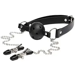 BDSM-аксесуар кляп із затискачами для сосків Чорний K000766