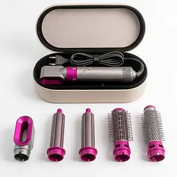 Фэн-стайлер для волос HAIR BRUSH 1000вт 5 в 1 насадок 5 шт с ионизацией в серебристом кейсе - миниатюра 4