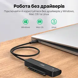 Кабель-адаптер для накопичувачів UGREEN CM321 0,5 м USB-C 3.1 Gen 1 до SATA 3.0 7+15 pin лише для HDD та SSD 2,5″ передавання до 5 Гбіт/с без додаткового живлення з UASP з TRIM з діагностикою S.M.A.R.T. з автоматичним режимом сну для Windows macOS Linux та Chrome OS без встановлення драйверів чорний (70610) - мініатюра 5
