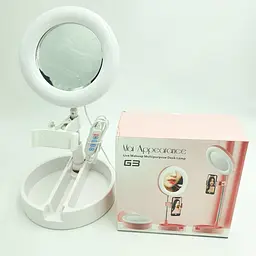 Кільцева LED лампа з тримачем телефону та дзеркалом настільна для блогерів та візажистів 16см RING LIGHT G3 білий