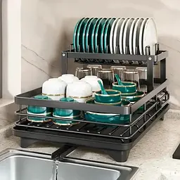 Дворівнева сушарка для посуду BauTech чорна 42,5х29,5х17 см - настільна кухонна сушарка BauTech з тримачем для тарілок і піддоном - мініатюра 3