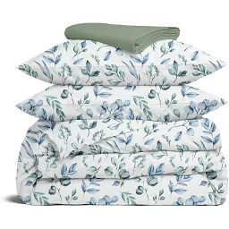 Комплект постільної білизни Cosas євро з простирадлом на резинці STEPPE FLOWERS CS3 200 x 220 см (FoliageBlueMint_El-109Meditative_200)