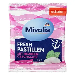 Пастилки Mivolis Fresh зі смаком малини, без цукру, 25 г, від DM (Німеччина)