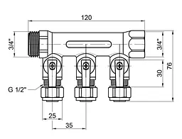Колектор під фітінг Thermo Alliance Standart 3/4" ВЗ (3 вих) кульовий кран SD231W3 - мініатюра 3