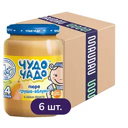 Упаковка пюре Чудо-чадо Груша-Яблуко без цукру 1.02 кг (170 г х 6 шт.)