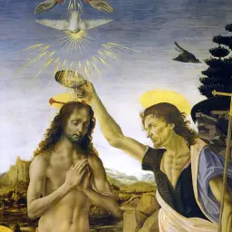 Інтер'єрна картина Хрещення Христа, Андреа дель Верроккйо, Andrea del Verrocchio, Baptism of Christ, релігійний декор, 60×50 см (id6959) - мініатюра 5