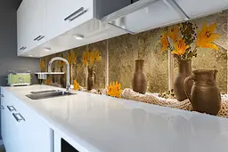Кухонний фартух Лілії у глечиках вінілова наклейка ПВХ квіти натюрморт Золотий 60х300 см Happy Pocket Z180863
