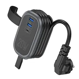 Мережевий зарядний пристрій подовжувач Hoco NS7 2 USB/ Type-C PD 20W 1 розетка 1.1m чорний - мініатюра 3