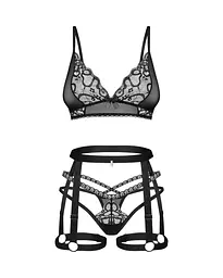 Комплект Obsessive Blomentis 3-pcs set, XS/S, м’який ліф, стрінги зі стрепами, пояс із гартерами - мініатюра 3