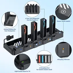 Зарядна док-станція YUANHOT 9-в-1 для контролерів Nintendo Switch 2, OLED, Original, Joy-Con двоспрямована магнітна станція чорна (SKU-032) - мініатюра 4