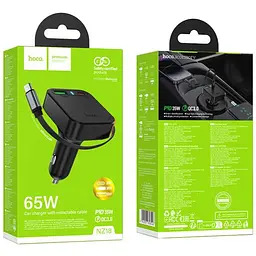 АЗП Hoco NZ18 Guardian PD65W with retractable cable (1USB-A/2C) Black - мініатюра 4