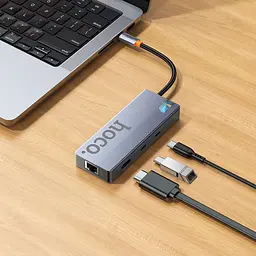 USB-хаб Hoco HB52 Wow 8-in-1 multi-function converter(HDTV+RJ45+SD/TF+PD+Type-C3.0+USB3.0*2) Metal Gray - мініатюра 4