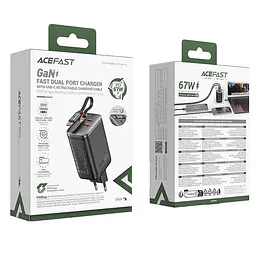 Адаптер мережевий ACEFAST PD GaN charger with retractable cable A111 | 2USB-C/1USB-A, 67W/4.5A| - мініатюра 2