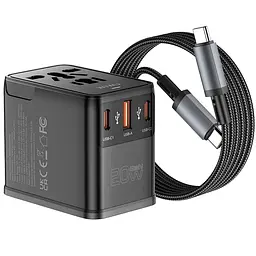 Мережевий універсальний перехідник UA013 20W GaN + 1USB-A/2C with retractable cable Type-C Black Wiwu teh0030551 - мініатюра 3