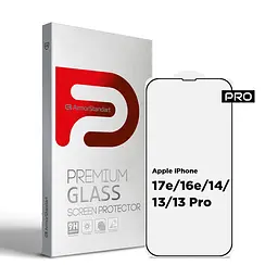 Захисне скло на Apple iPhone 13/13 Pro/14/16e/17e з олеофобним покриттям, Pro, повне проклеювання, антистатичний і пиловідштовхуючий шар, 9H, самоклеючеся, 2.5D, на весь екран, антистатичний клей, ArmorStandart (ARM59722)