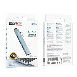 Type-C(PD)-HUB Borofone FH1A 4-in-1 converter(Type-C to USB2.0*3+USB3.0) металлически серый