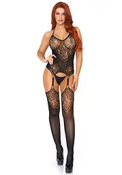 Еротичний бодістокінг Leg Avenue Jacquard net Black, імітація панчіх, відкритий доступ, one size - мініатюра 2