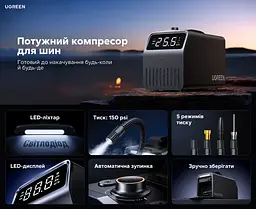 Автомобільний компресор UGREEN ET722 від прикурювача 12 В до 150 PSI (10,3 бар) 30 л/хв Schrader автостоп за заданим тиском дисплей із підсвічуванням LED-ліхтар сигнальний режим і SOS 5 режимів із налаштуванням тиску автовимкнення при перегріванні комплектні адаптер Presta й насадки для м’ячів і надувних виробів вбудовані кабель живлення 3 м та шланг 0,6 м в обплетенні відсіки для зберігання двигун 120 Вт темно-сірий із чорним і світло-сірою панеллю (15627) - мініатюра 4
