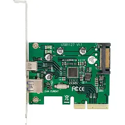 Плата розширення Frime PCI-E x1 1xUSB 3.1 Gen2 / 1xType-C чіп ASM1142 живлення SATA ECF-PCIEtoUSB009.LP
