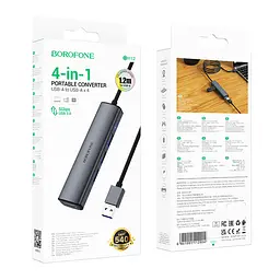 Хаб адаптер Borofone DH12 Smart 4-in-1 converter (Usb to Usb3.0x4) кабель 1.2 метра - мініатюра 7