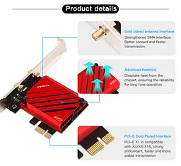 Мережева карта PCI-E Fenvi FV-BE8800 Wi-Fi 7 тридіапазонний адаптер модуль Bluetooth 5.4 Black Red (19127) - мініатюра 5
