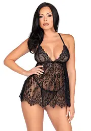 Пеньюар Leg Avenue Floral lace babydoll & string Black M - мініатюра 7