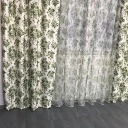 Атласні штори із зеленими квітами 150х270 з батистовим тюлем 400х270 на тасьмі ALBO pbe0052704 - мініатюра 4