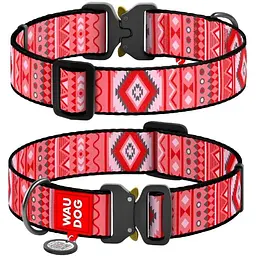 Нашийник для собак Waudog Nylon нейлоновий з QR паспортом малюнок Етно червоний Розмір XXL