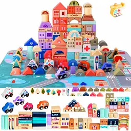 Дерев'яний Конструктор Місто 115 деталей блоки, у відрі дитяча гра кубики та килимок пазл дорога, монтессорі - мініатюра 2