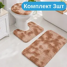 Практичний комплект м'яких килимків для ванної 3 шт , пухнасті антиковзкі килимки світло-коричневі KT9000604 - мініатюра 2
