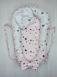 Позиціонер для новонародженого кокон, babynest з ручками, зі знімним дном + подушка BST Серце Рожево-сіре