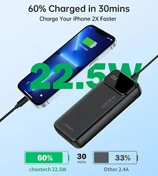 УМБ Choetech 20000mAh 22.5W PD,QC3.0 2USB-A+USB-C In/Out Black - мініатюра 6