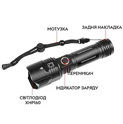 Ліхтар Qimai XHP160 з акумулятором та перехідником під 3хААА  - мініатюра 2