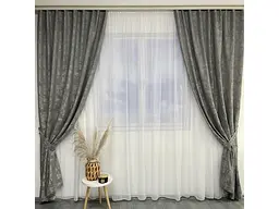 Мармурові жакардові штори темно-сірого кольору 2шт. 150х270 з білим шифоновим тюлем 400х270, на тасьмі ALBO pbe0052669 - мініатюра 9