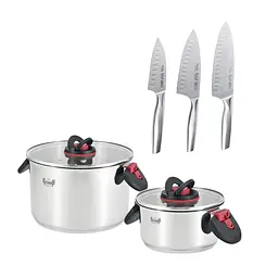 Набір із 2-х каструль Prime Chef 1.9л та 6.1л та Набір ножів 3 пр.+ Дошка кухонна