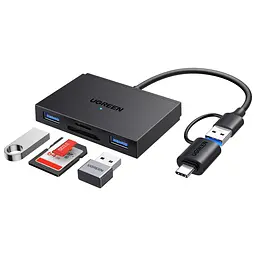 USB-хаб із кардридером UGREEN CM812 зчитувач карт пам’яті підключення через USB-A або USB-C слоти SD/microSD (TF) 3.0 2 порти USB-A 3.0 для периферії передавання через USB-A теоретично до 5 Гбіт/с читання теоретично до 170 МБ/с одночасна робота обох слотів і USB-периферії без встановлення драйверів у Windows/macOS/Linux підтримка SD/microSD місткістю до 2 ТБ світлодіодний індикатор роботи перехідник USB-C закріплений на кабелі для Android потрібна підтримка USB host/OTG мобільним пристроєм чорний (45167)