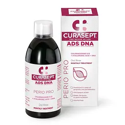 Ополаскиватель CURASEPT ADS PERIO PRO 0,12% СНХ, лечение десен, уменьшает боль, с гиалуроновой кислотой и ДНК, 500 мл