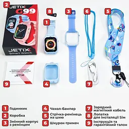 Дитячий смарт-годинник JETIX G99 зі змінним корпусом, GPS, 4G Відеодзвінком і вологозахистом (Black) Блакитний - мініатюра 9