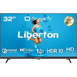 Телевізор 32" Liberton LTV-32H05GT, чорний, LED, 1366x768, 60 Гц, 3000:1, Google TV, DVB-T2/C, LAN, Wi-Fi, bloetooth, 2xHDMI,